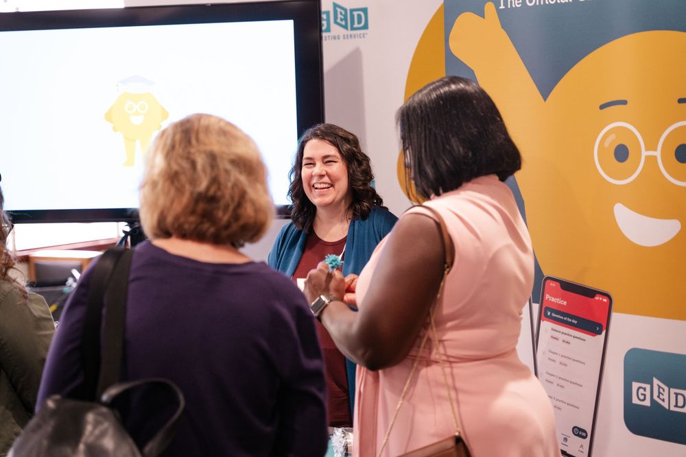 A collage of people networking and interacting at a business conference with colorful emoji-themed wall decorations.