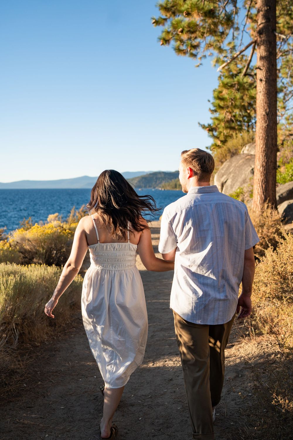 Couple walking hand in hand along coastal trail with pine trees and ocean views.