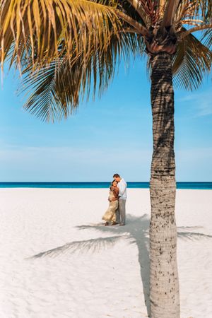 A serene tropical beach scene with palm trees casting shadows on pristine white sand and turquoise ocean waters.
