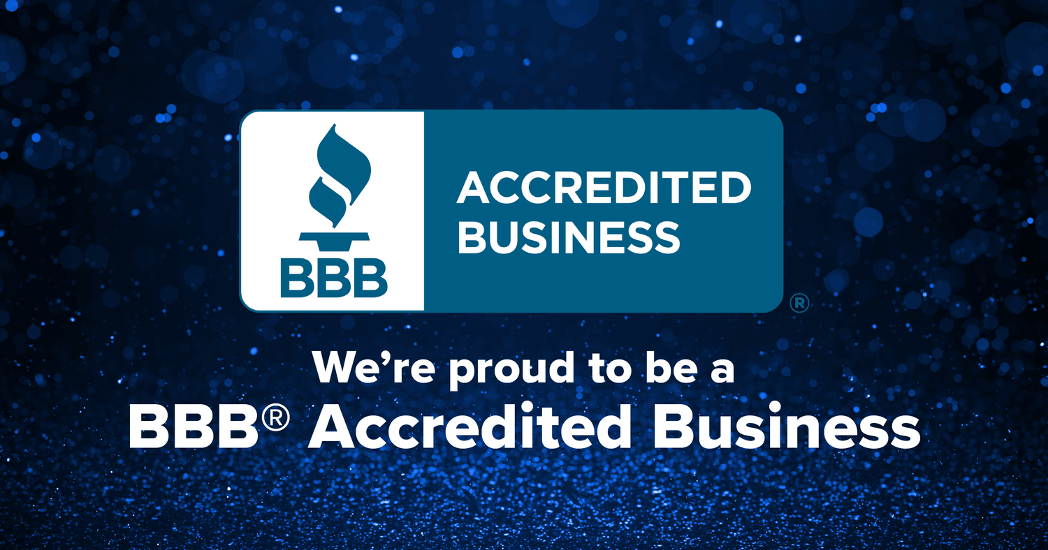 A row of three Better Business Bureau accredited business logos on a dark blue starry background.