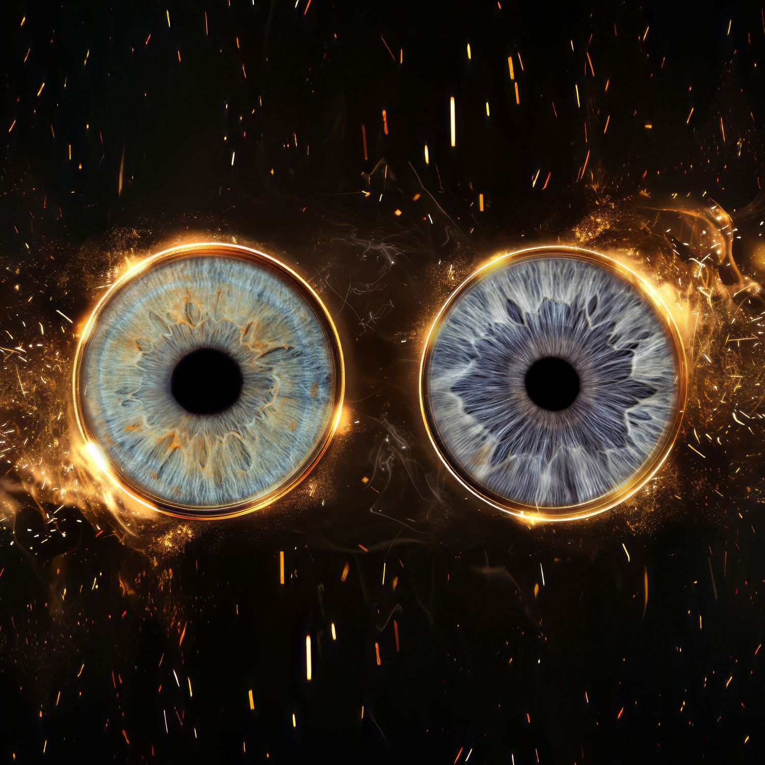 A series of close-up macro shots of human eyes with glowing effects and sparks creating a dramatic cosmic appearance.