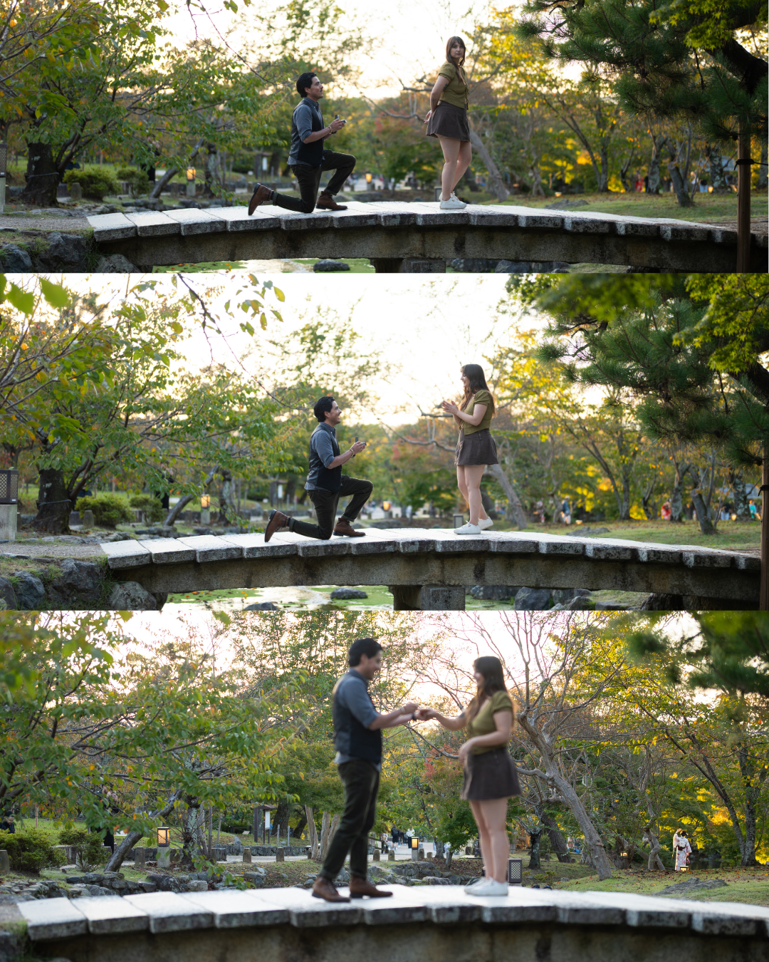 Three-photo sequence of marriage proposal on stone bridge in scenic autumn park.