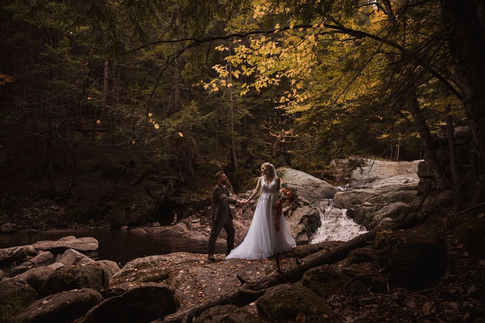 Bride and groom holding hands on rocky terrain beside a forest stream.
