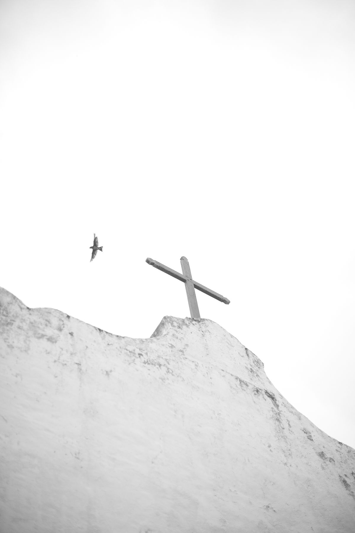 A small airplane soars against a cloudy sky in a black and white photograph.
