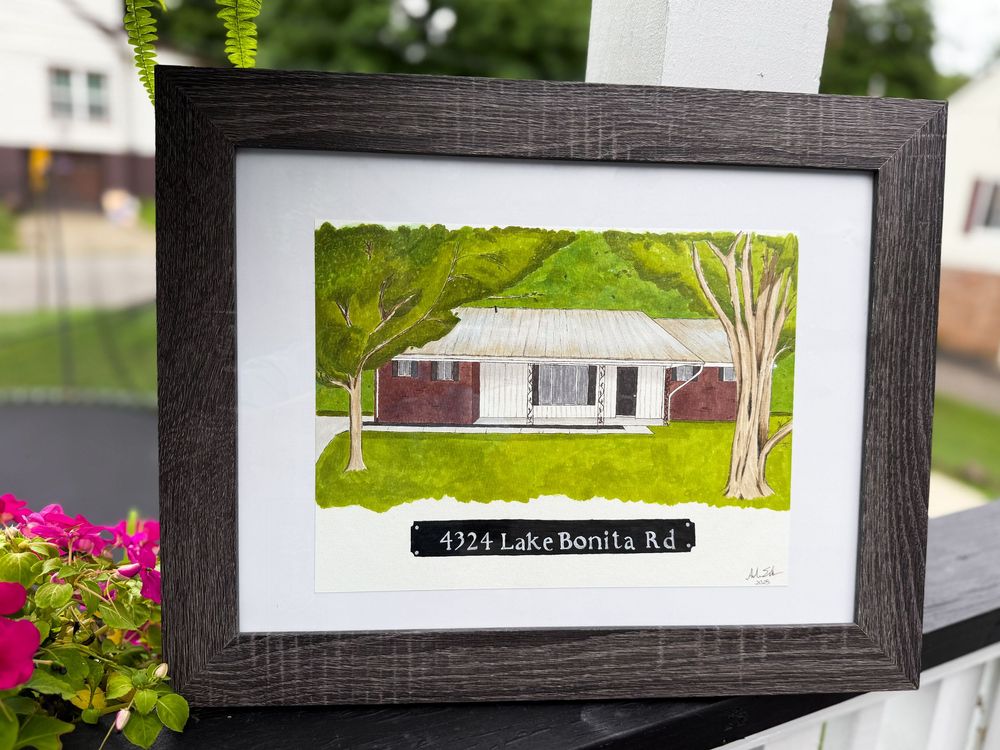 Hand drawn/painted house portrait, custom framed, made with alcohol markers, water color, and Prismacolor colored pencils.