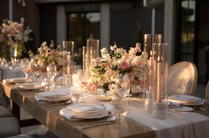Long dining table decorated with elegant floral arrangements and glowing candles for an intimate wedding reception.