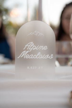 Frosted glass decor pieces with mountain logos and text etched in white against a blurred background.