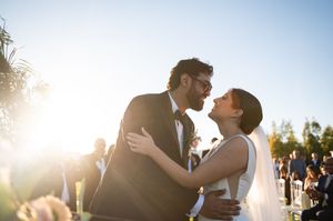 A romantic sunset wedding photo collage showing couples embracing during golden hour celebrations.