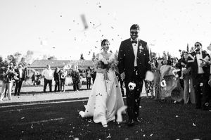 A black and white photo strip showing a sequence of vintage wedding celebration moments from the 1950s era.