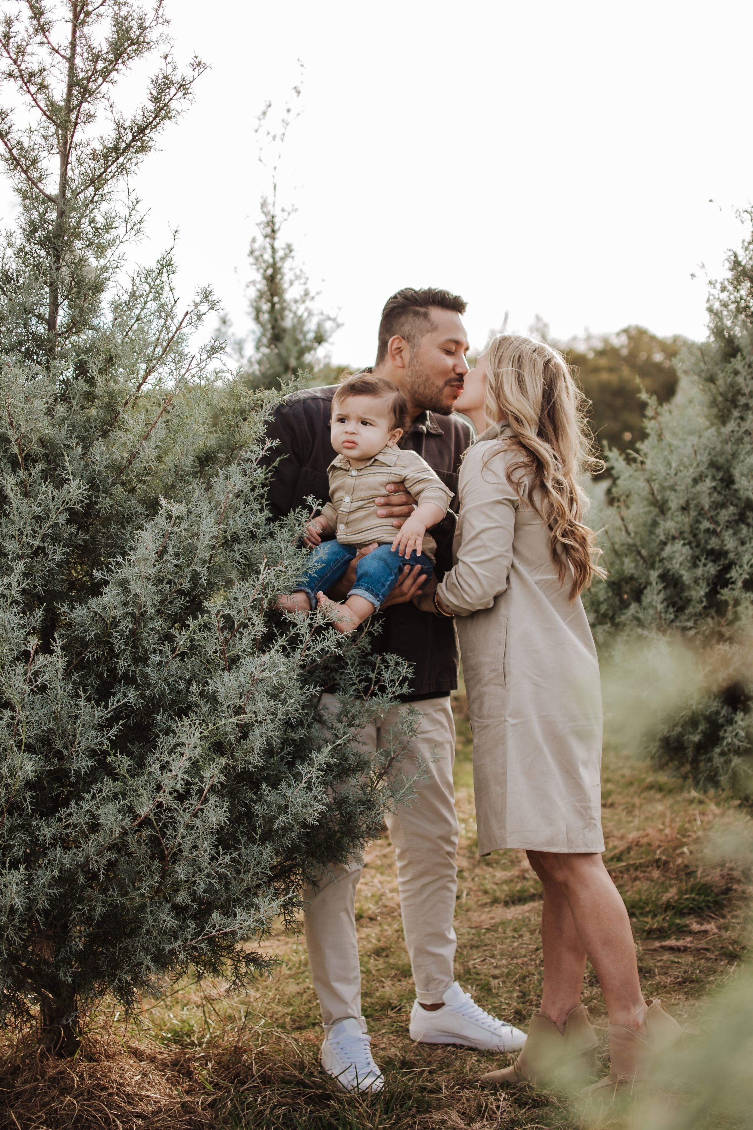 A sweet family moment captured among evergreen trees showing affection and holding a small child. Dfw Tree Farm