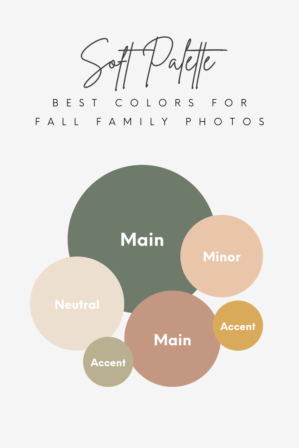 A soft color palette design featuring sage green and dusty rose as main colors with neutral and accent tones for fall photos.