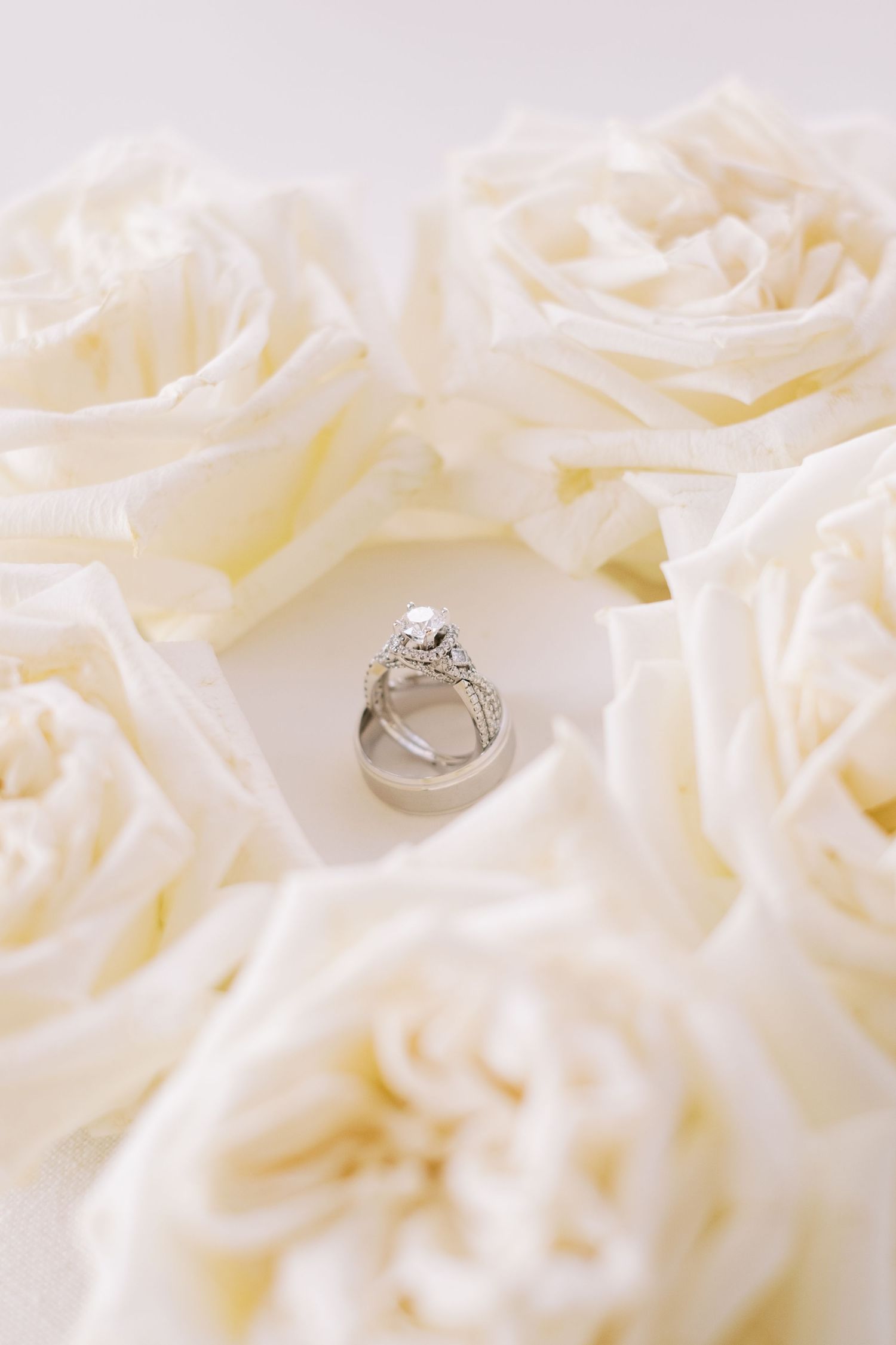Diamond engagement ring nestled among soft white rose petals.