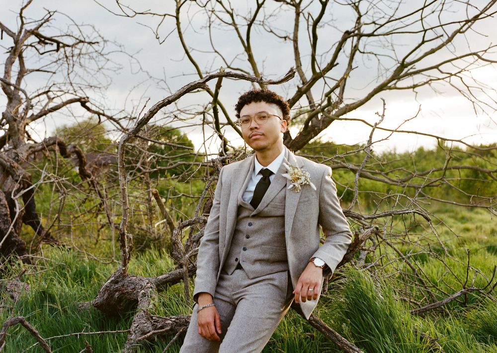 Portrait of Groom siting on a tree branch in a park. Editorial wedding photography