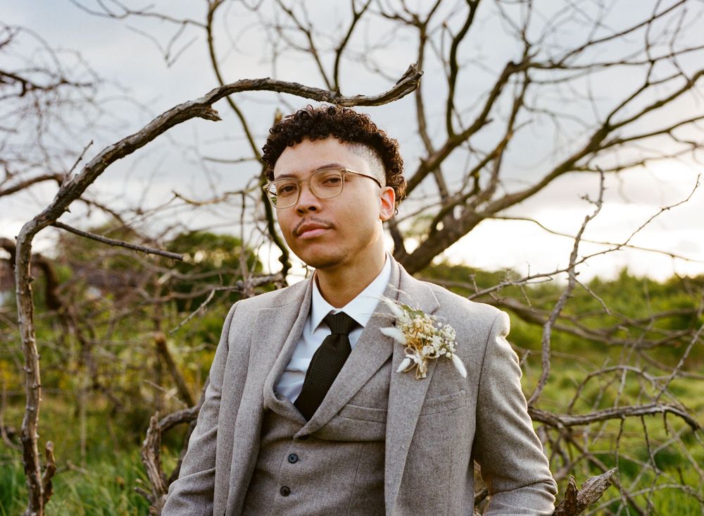 close up Portrait of Groom siting on a tree branch in a park. Editorial wedding photography