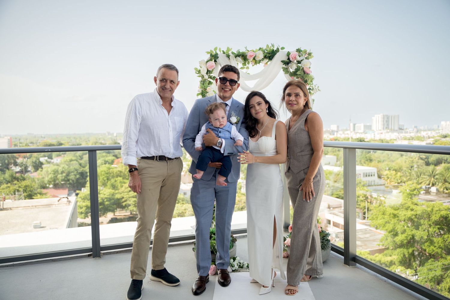A series of candid moments captured at an outdoor celebration showing guests mingling on a sunny terrace.
