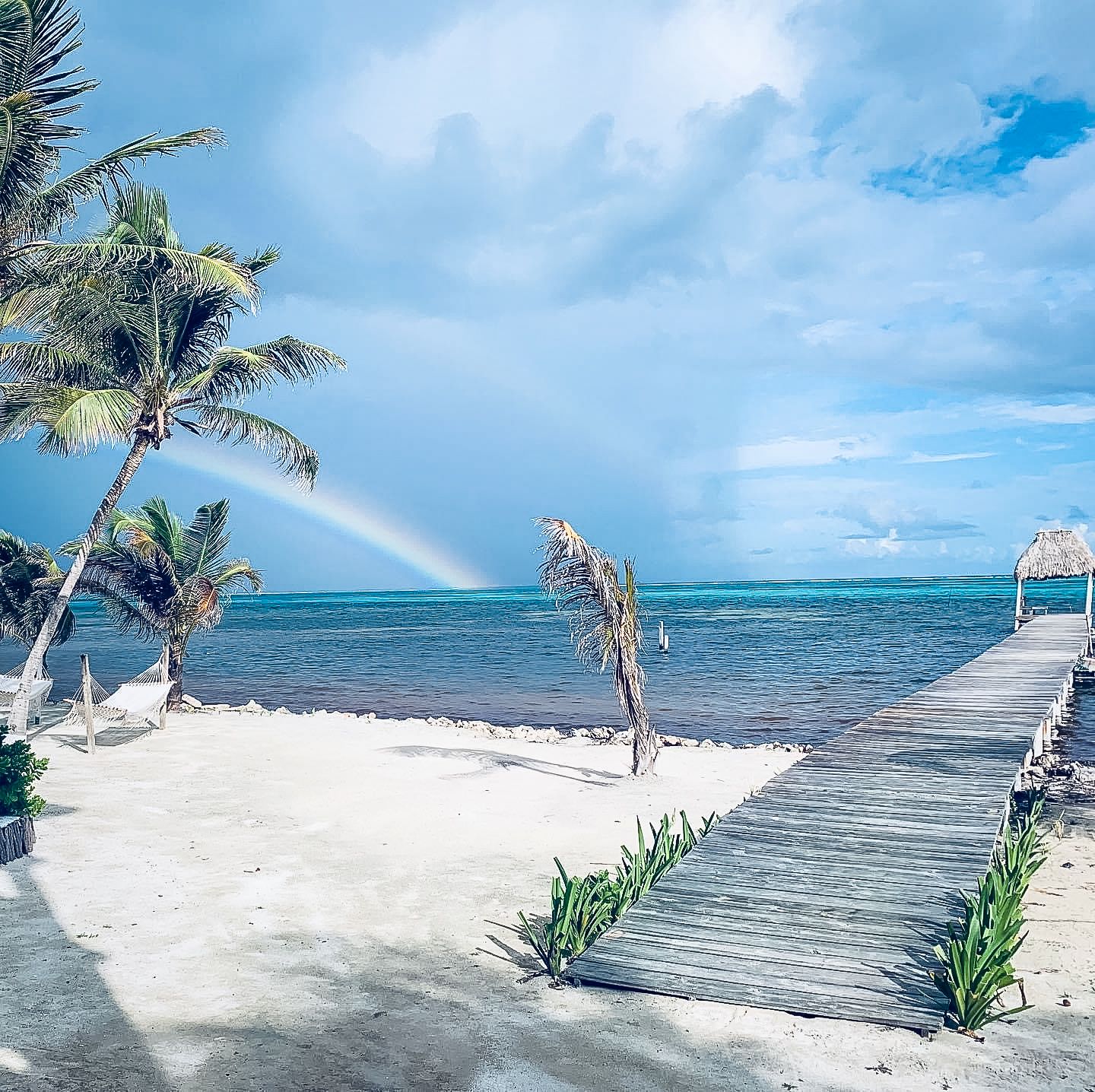 Panoramic view of a tropical beach boardwalk with palm trees and turquoise waters under blue skies.