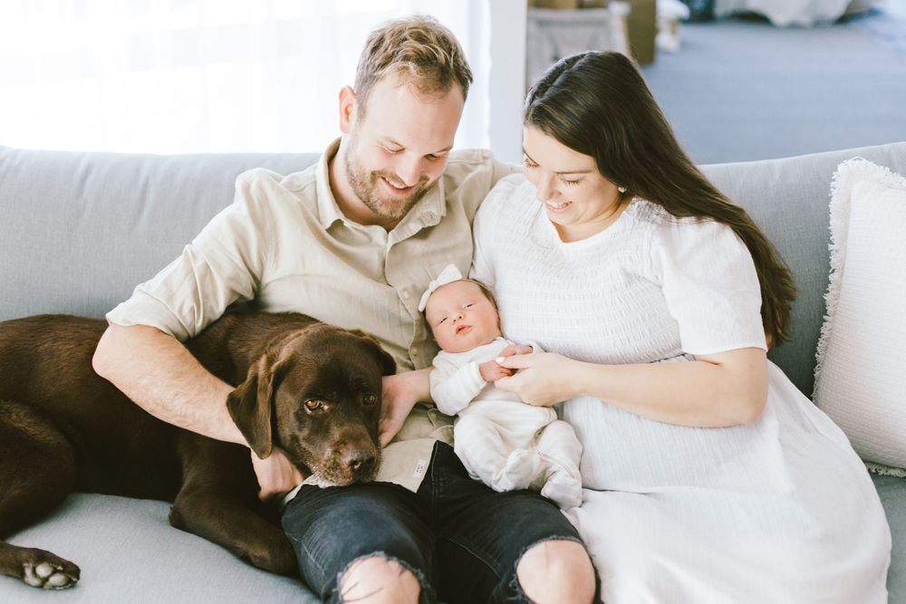 Sweet candid moment of family bonding with their dog and newborn on white couch.