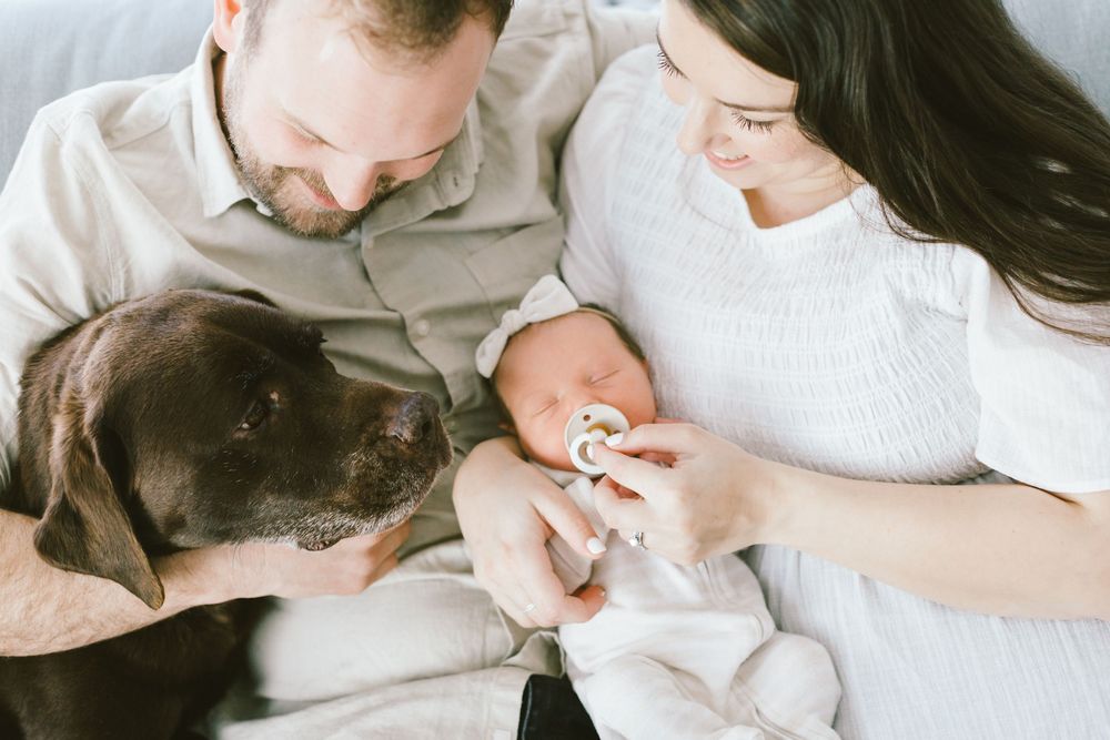 Family shares candid moments with their dog and newborn during home photoshoot.
