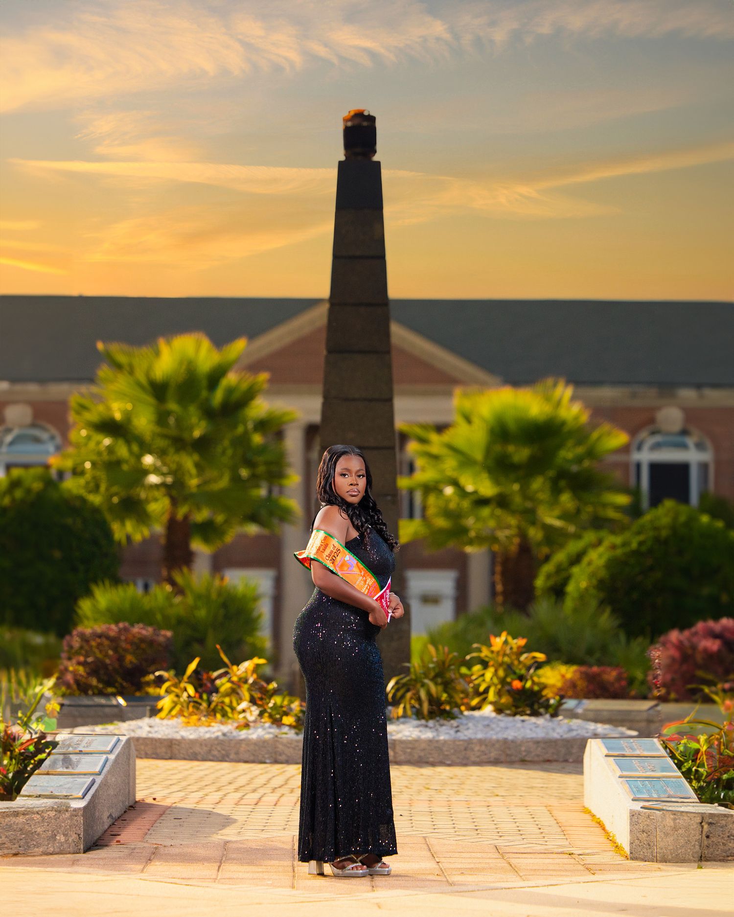 A maternity photo sequence shows a person in a dark dress against a sunset backdrop with palm trees and residential homes.