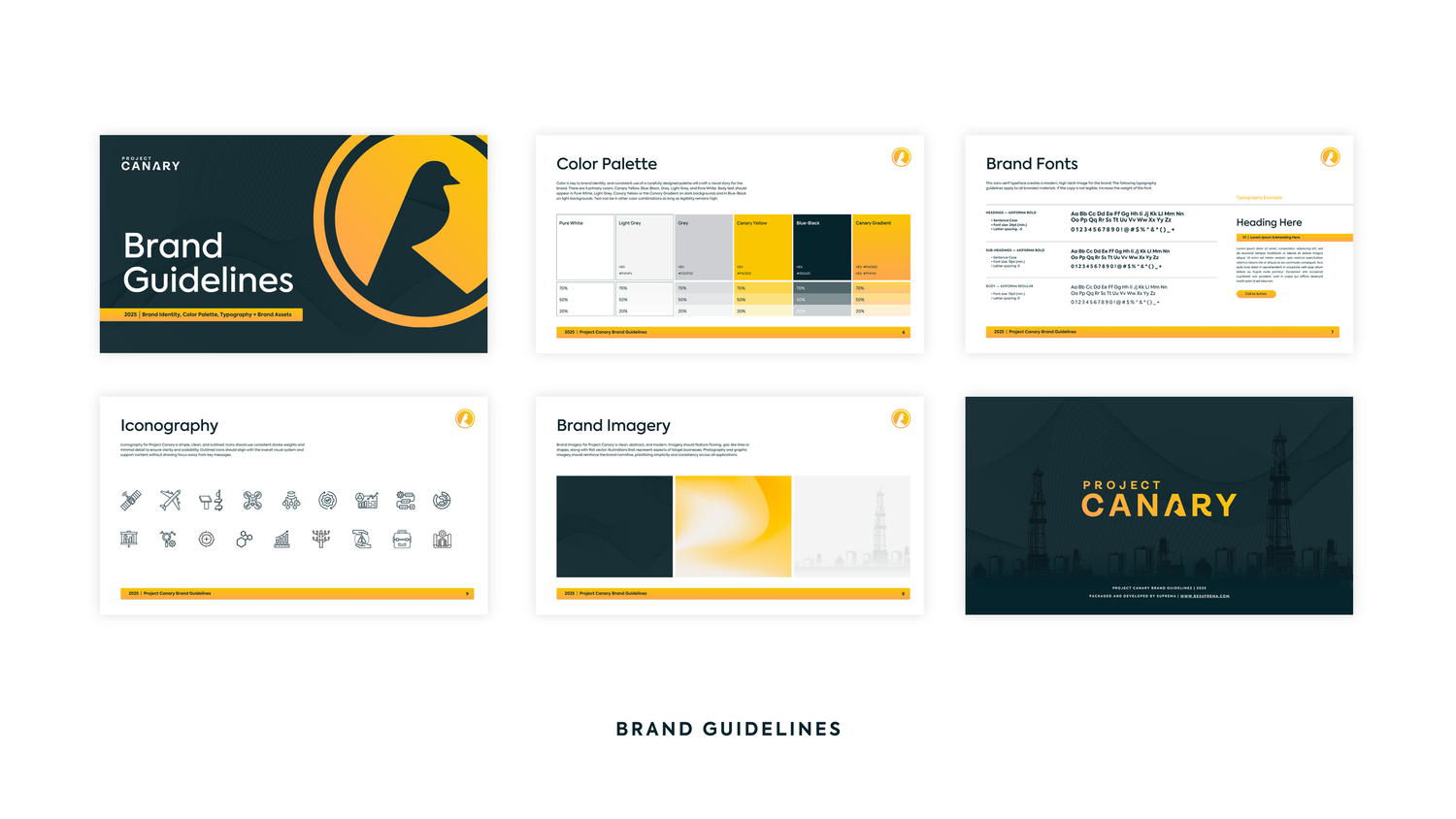 Brand guidelines presentation showing typography, color palette and design elements in dark and yellow theme.