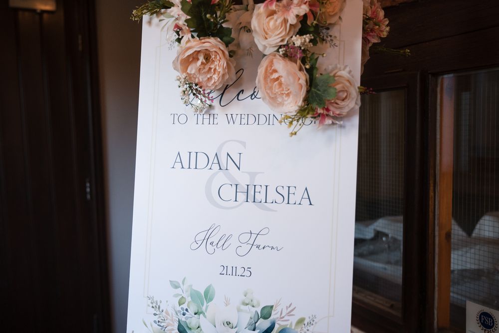 Elegant wedding seating chart display with floral watercolor designs and calligraphy on white paper.