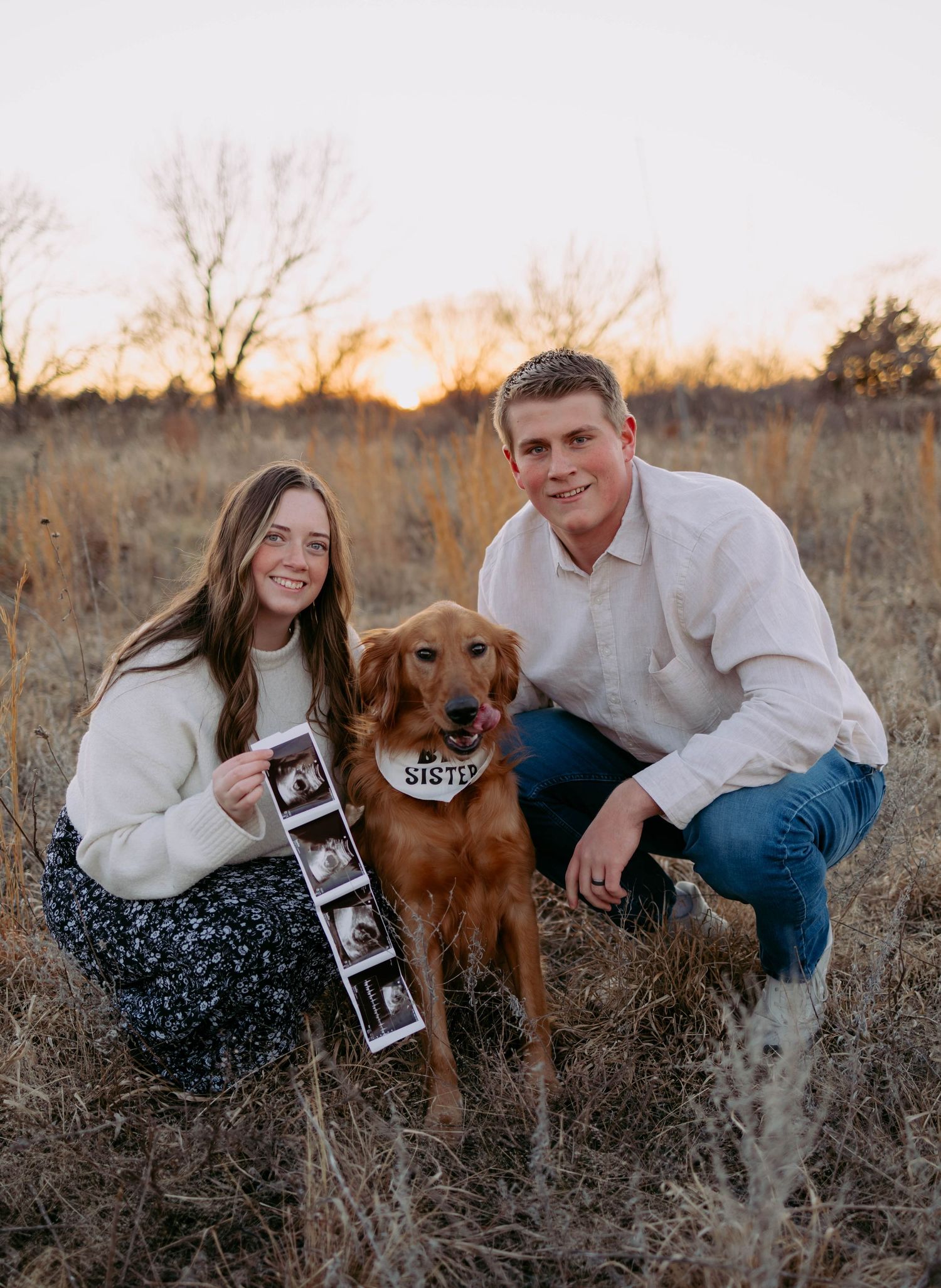 A couple sits in a field at sunset with their golden retriever while holding ultrasound photos.