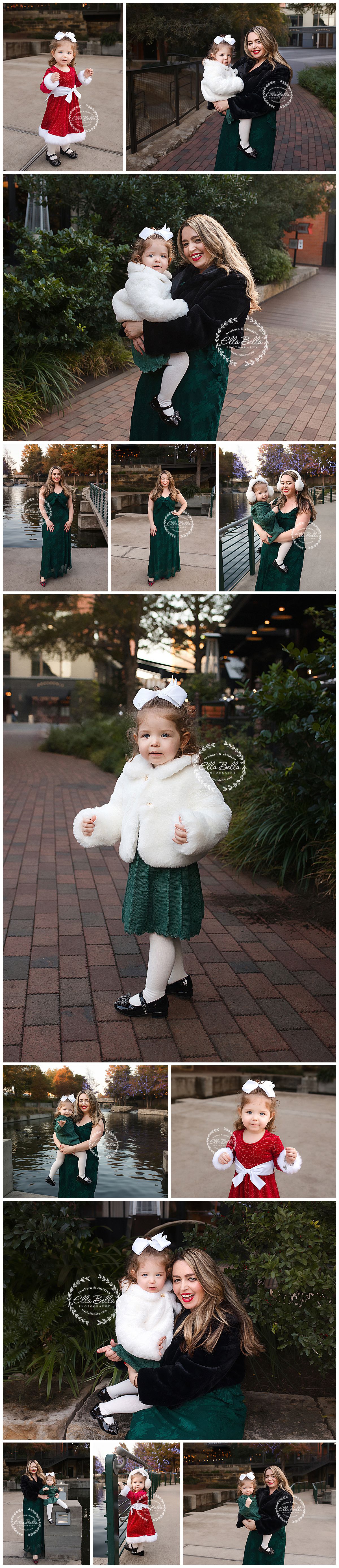 A festive holiday photoshoot on brick pavement featuring emerald green and red dresses with white fur accents.