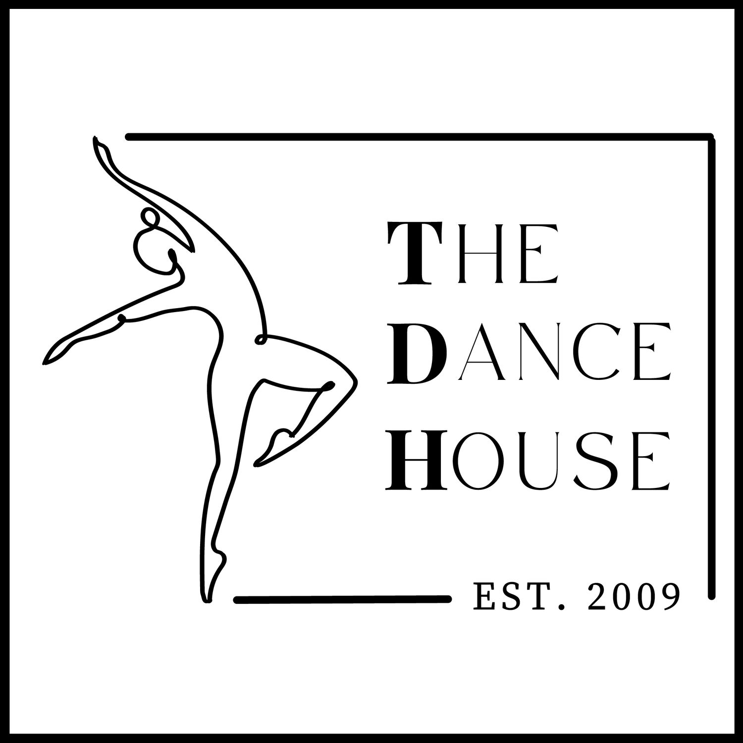 Minimalist dance studio logo designs showing silhouettes of dancers and text 'THE HOUSE' in black and white.