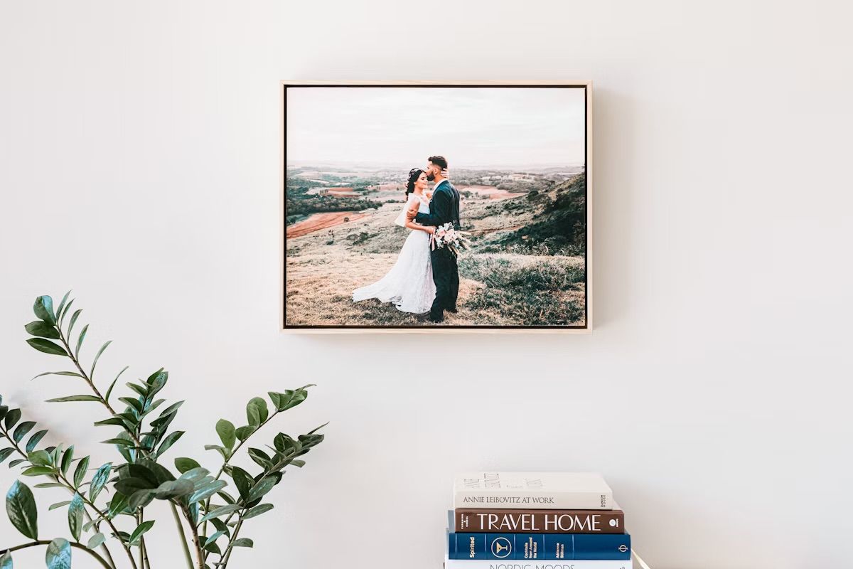 Premium 16x24 float frame with satin metal brass moulding, deep matte photo print, and corner bracket for a sleek, contemporary display.