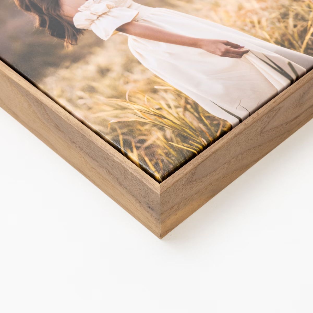 Showcase your artwork in a 16x24 float frame with satin metal brass, deep matte photo print, and corner bracket display for a polished finis