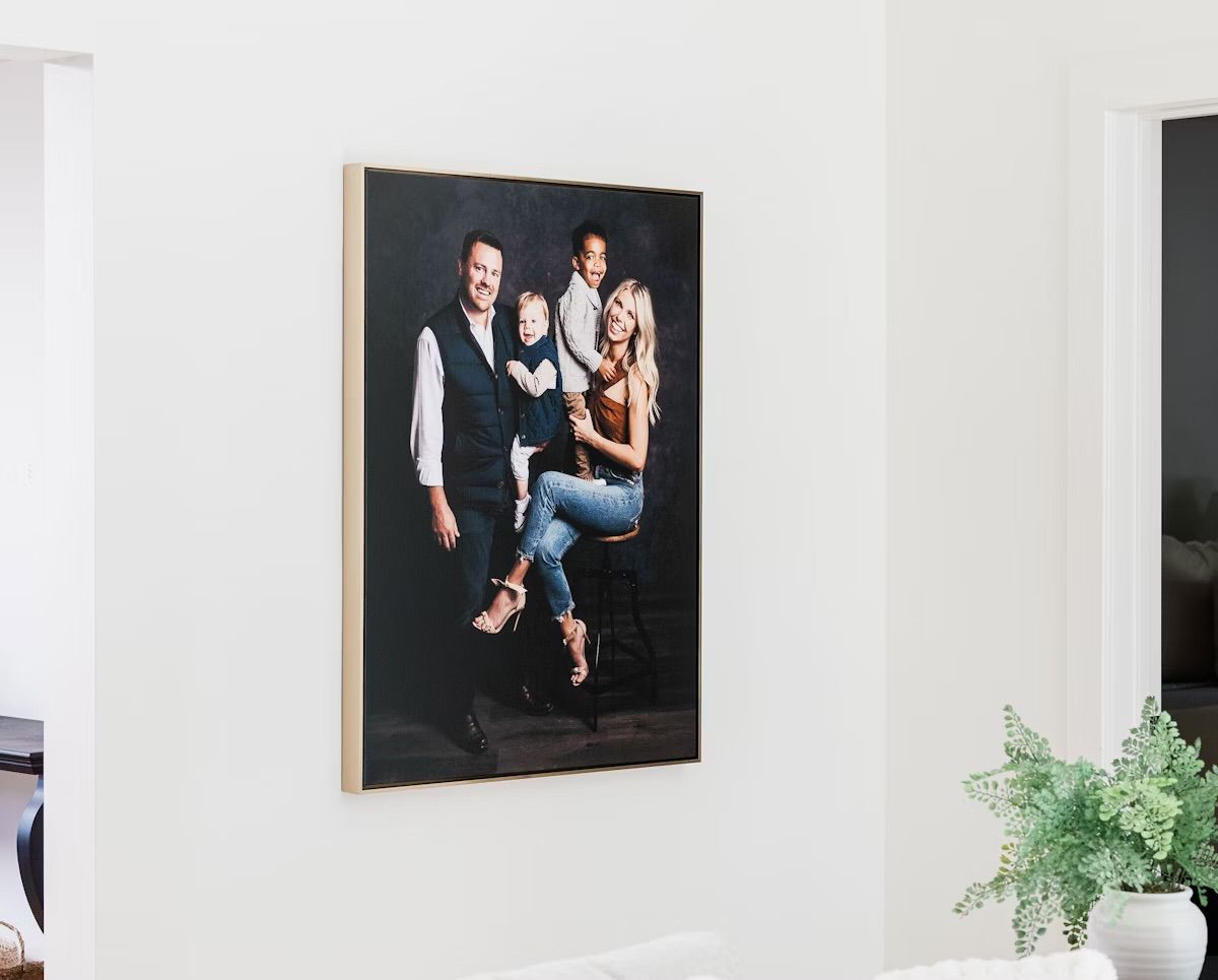 Elegant 16x24 float frame with satin metal brass moulding, deep matte photo print, and corner bracket display for a sophisticated look.