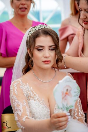 Beautiful bridal portrait showcasing detailed lace sleeves and crystal accessories.