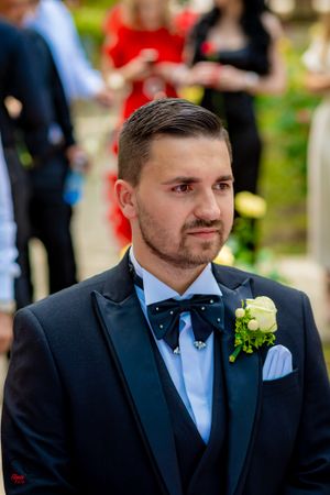 Wedding ceremony with groomsmen in black tuxedos and bow ties standing in a line outdoors.