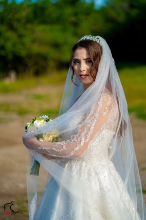 Elegant bridal portrait showing flowing veil and white lace gown details in an outdoor garden setting.