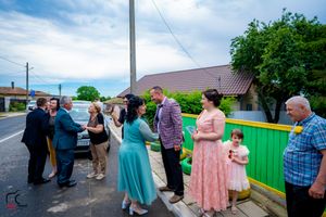 Guests mingle and socialize at an outdoor gathering near a vibrant green fence.