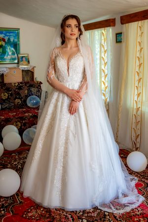 Beautiful princess-style wedding gown with intricate lace detailing and full tulle skirt.