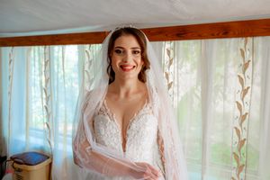 Romantic bridal portrait showcasing a delicate lace wedding gown in natural light.