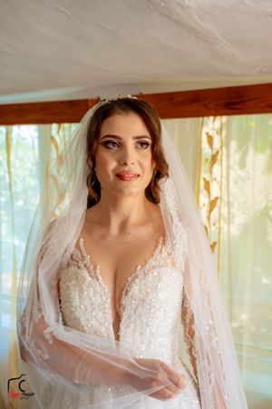 Close-up of an ornate wedding gown with delicate lace details and sheer elements.