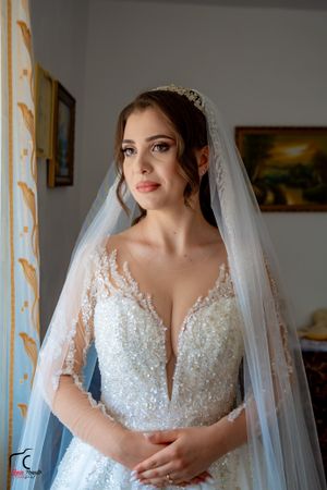 Elegant bridal portrait featuring a detailed lace wedding gown with plunging neckline and crystal tiara.