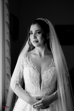 Dramatic black and white bridal portrait showcasing an embellished wedding gown and flowing veil.