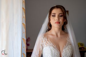Side-lit bridal portrait highlighting intricate beadwork on wedding dress with sheer veil.