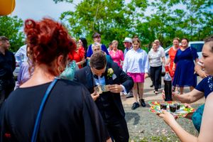 Wedding guests mingling at outdoor reception decorated with colorful balloons and streamers.