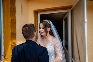 First look wedding moment progression shown through multiple connected images.