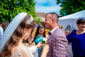 Outdoor wedding celebration with guests and wedding party under sunny blue skies.