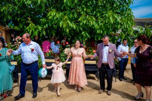 Festive outdoor celebration with guests performing synchronized dance moves.