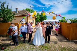Wedding celebration with guests mingling under colorful balloon decorations in an outdoor venue.