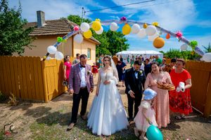 Wedding party and guests gathered for photos under colorful balloon arch decorations.