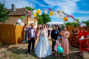 Joyful wedding celebration with guests posing under balloon decorations in backyard setting.