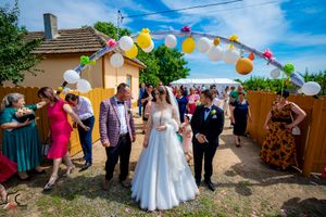 Festive outdoor wedding scene with balloon decorations and guests celebrating in backyard.