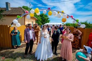 Wedding celebration with colorful balloon arch and guests gathered in outdoor venue.